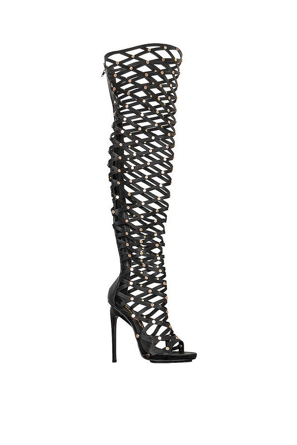 PRIVILEGED FIGHT FOR IT STUDDED THIGH HIGH STILETTO BOOTS